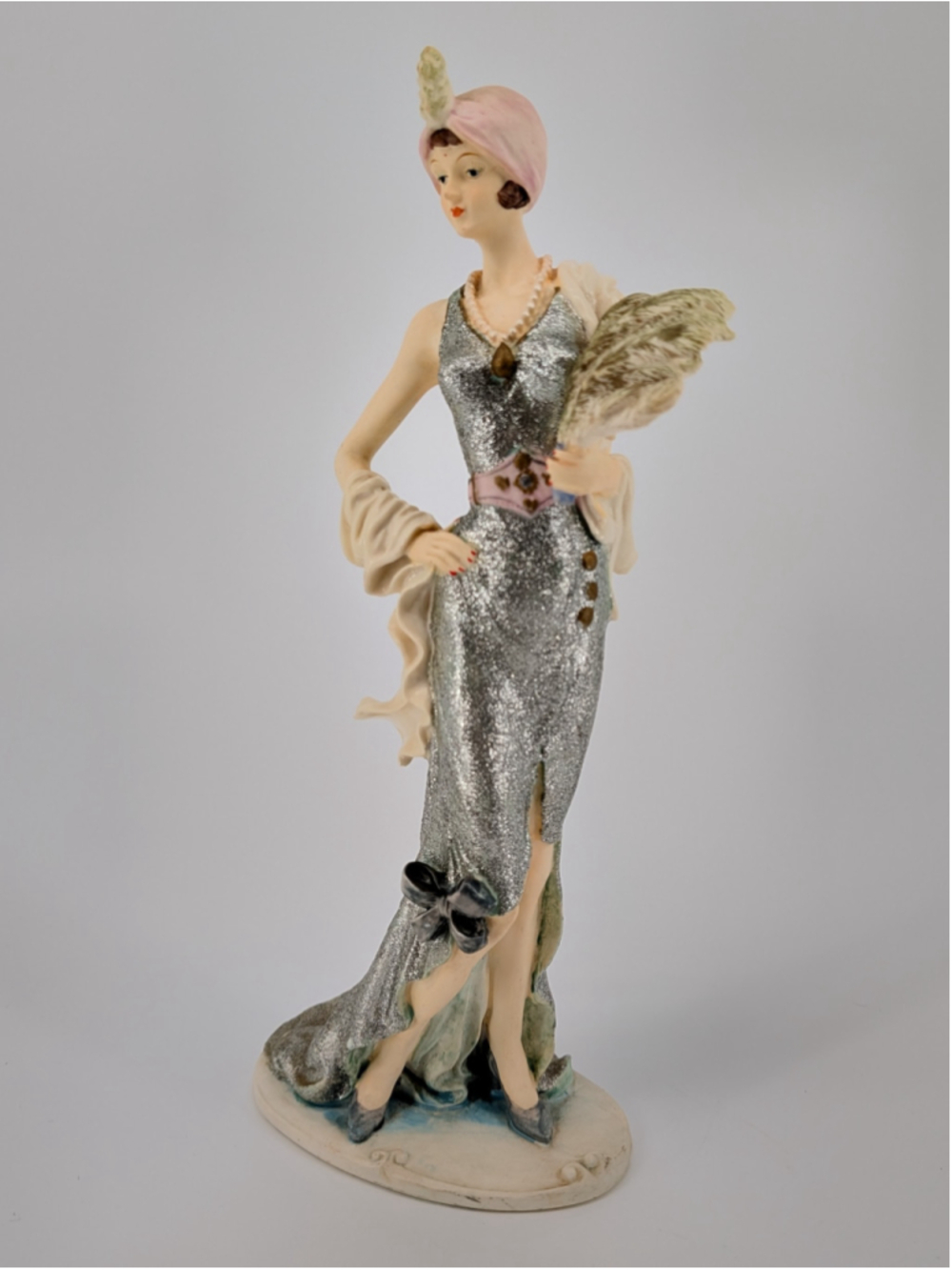 VTG 1991 Albert Price Flapper Lady Figurine Silver Glitter Gown Fan 13.5" AS IS